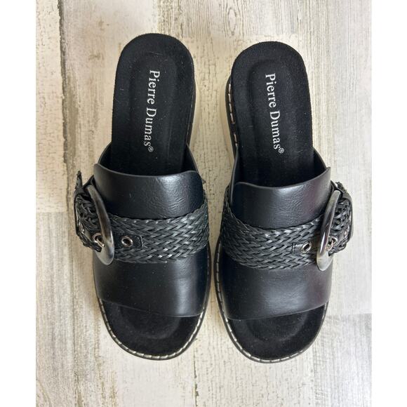 Pierre Dumas Women’s 7 Black Leather Suede Buckle Slip-On Platform Wedge Sandals - Picture 2 of 7